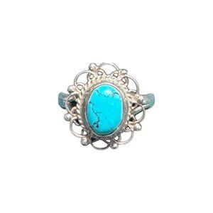 BAO 925 Sterling Silver Turquoise Ring, Oval Cabochon, Artisan Boho Filigree Sta